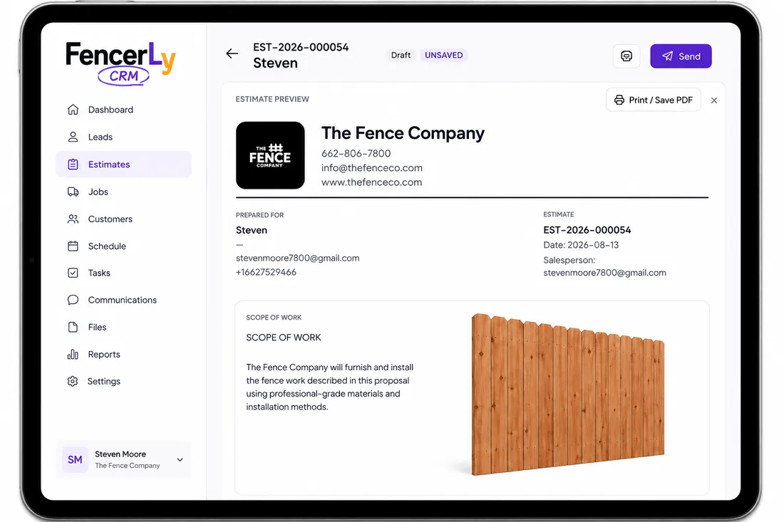 Fencerly CRM estimate preview on a tablet showing company branding, scope of work and a cedar fence selection