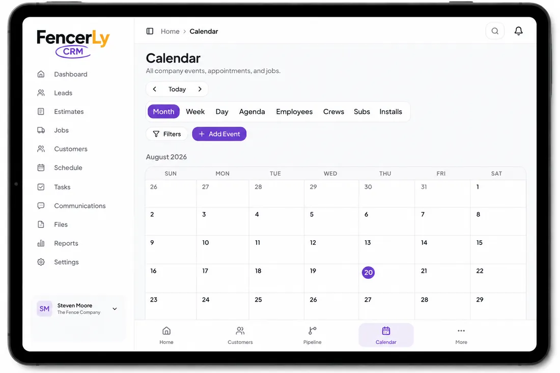 Fencerly CRM calendar on a tablet showing month view with crews, subs and install filters