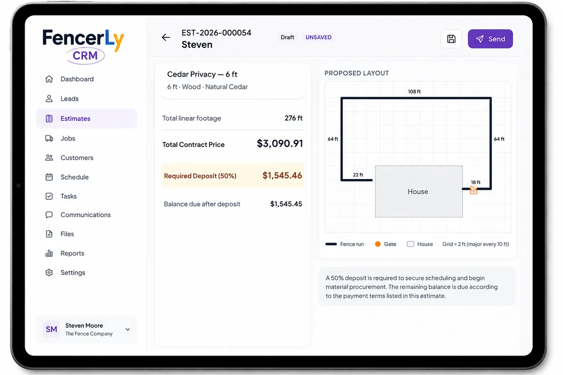 Fencerly CRM estimate on a tablet showing a proposed fence layout with measured runs and a gate